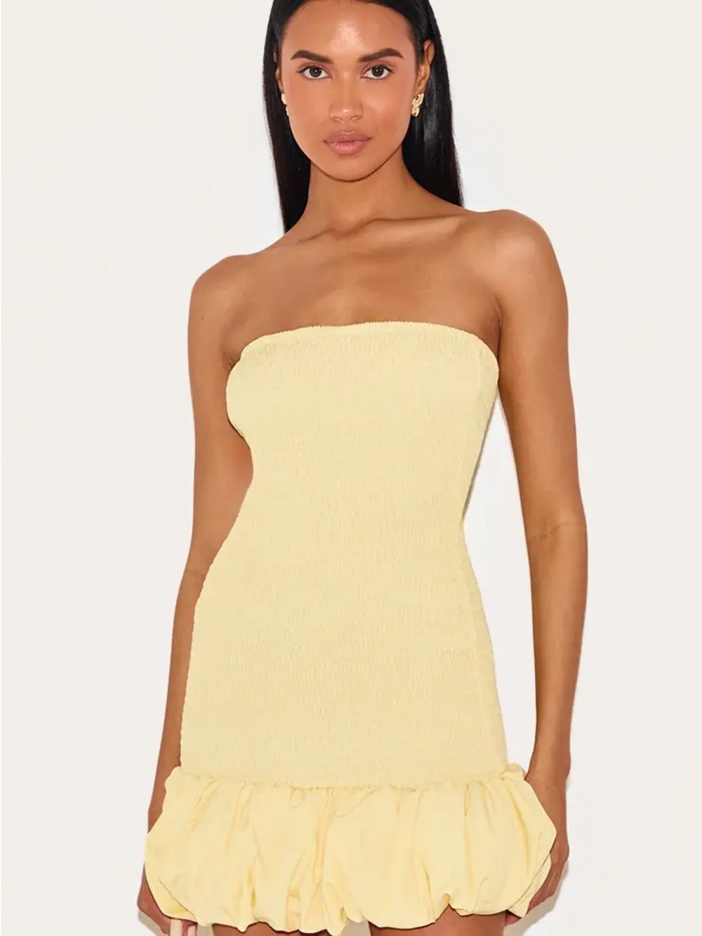 PrettyLittleThing Strapless Smocked Mini Dress in Pale Yellow